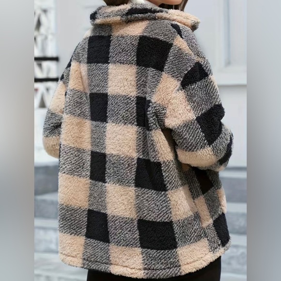 Plaid Print Patched Pockets Teddy Coat, Versatile Long Sleeve Single Breasted - Picture 4 of 5